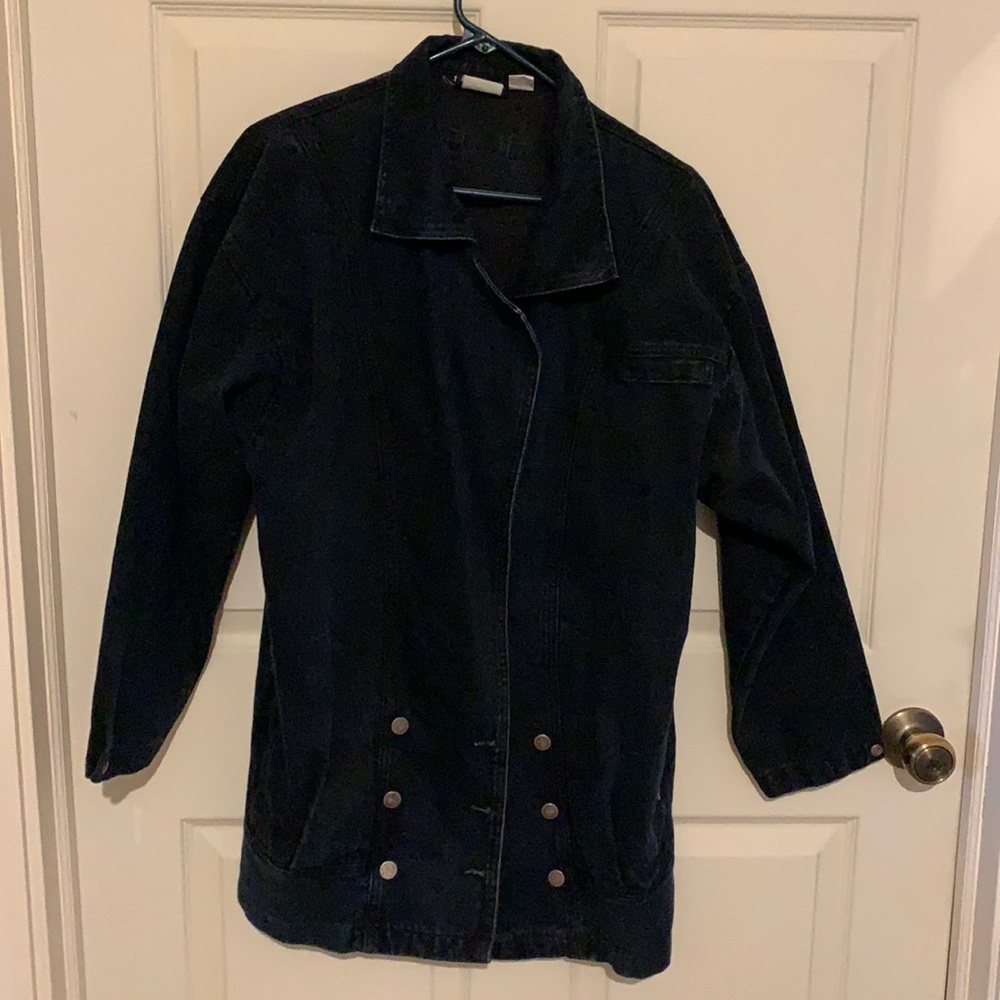 Vintage USA Rocky Mountain Black Denim Long Coat Jacket Cowboy Double